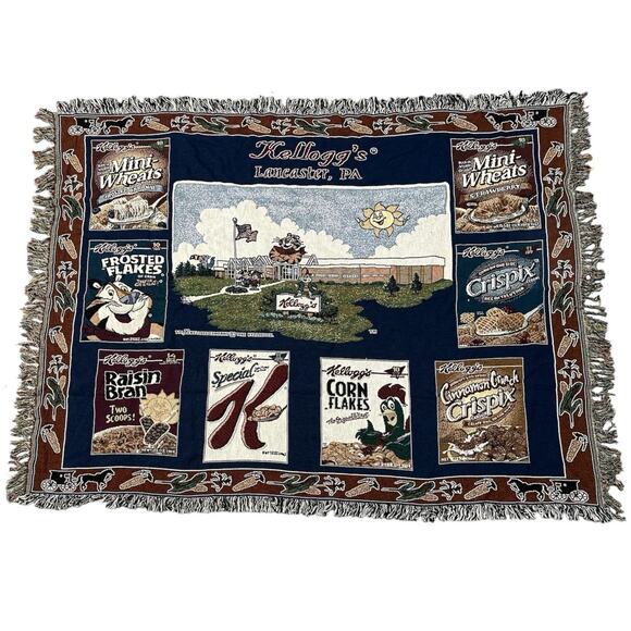 Kelloggs Lancaster PA Cereal Throw Blanket Afghan Fringe Trim 50x67 Vintage - Picture 1 of 7
